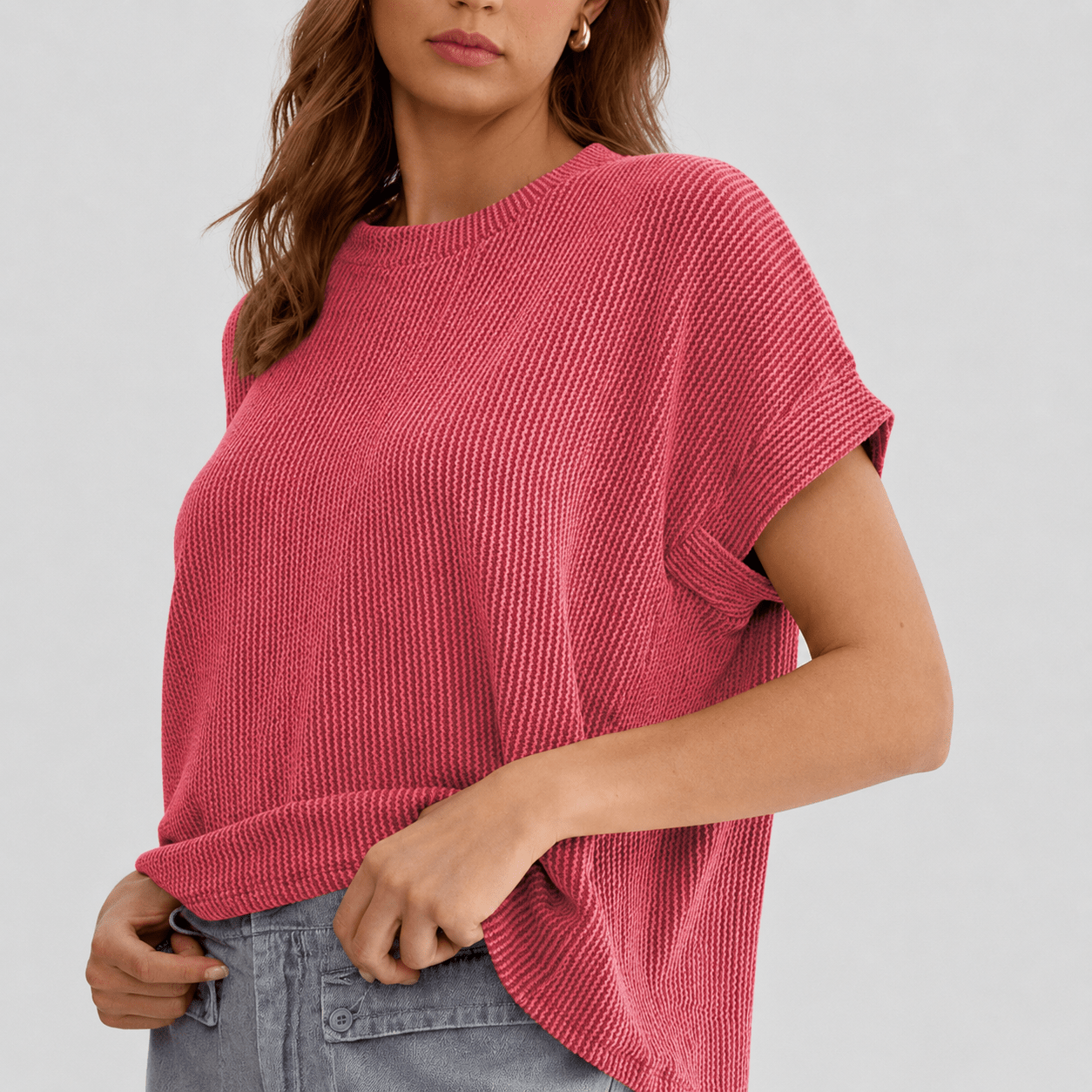 Women's Textured Short Sleeve Top - Lightweight Everyday Tee Red by MAGCOMSEN