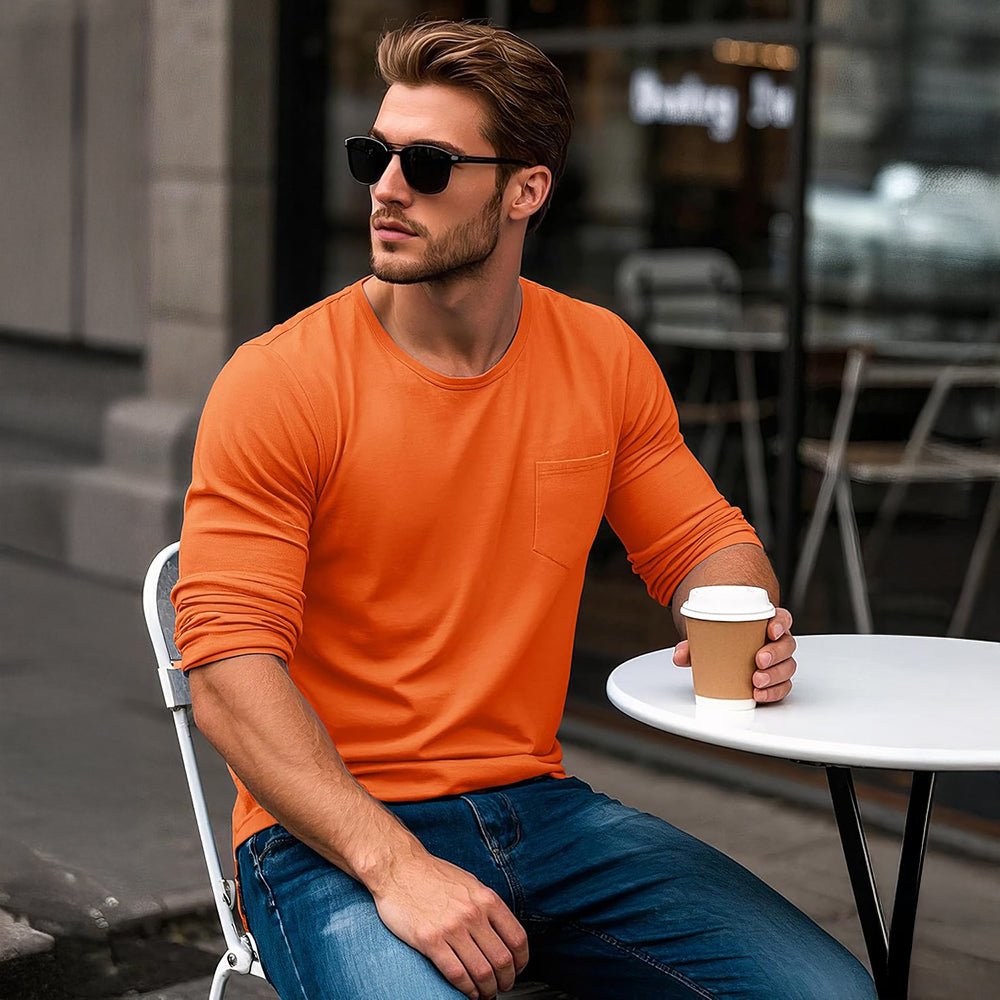 Orange Men's Basic Long Sleeve Shirt Casual Lightweight T-Shirt - MAGCOMSEN