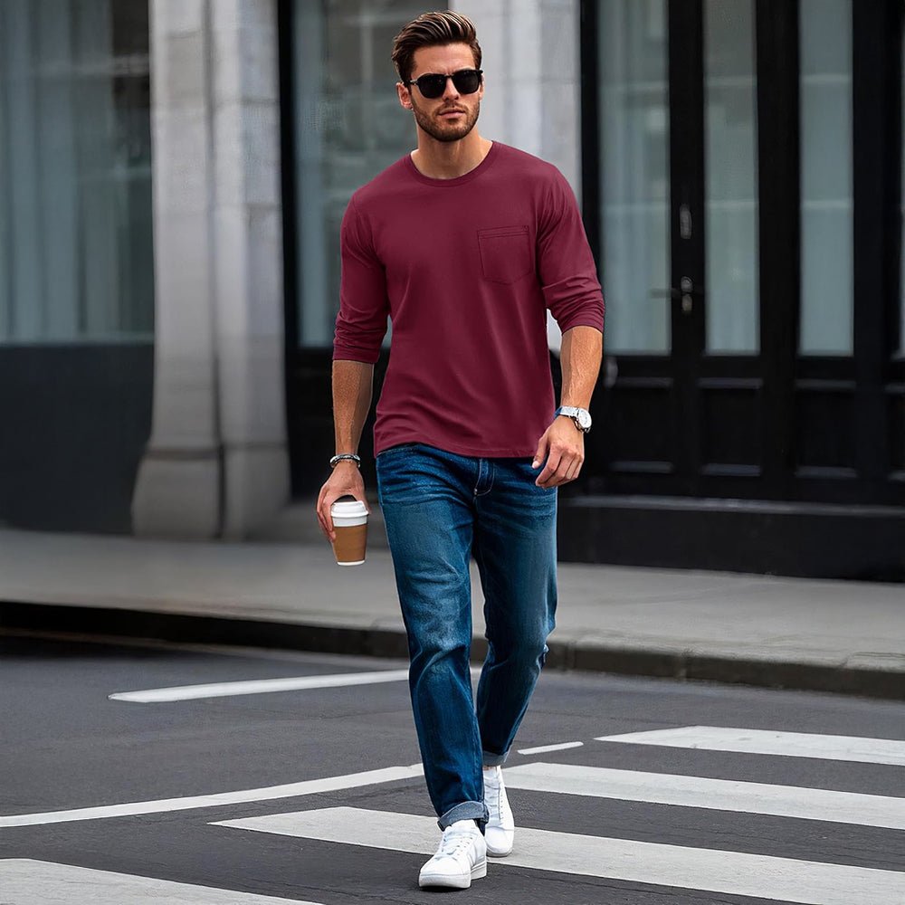 Wine Men's Basic Long Sleeve Shirt Casual Lightweight T-Shirt - MAGCOMSEN