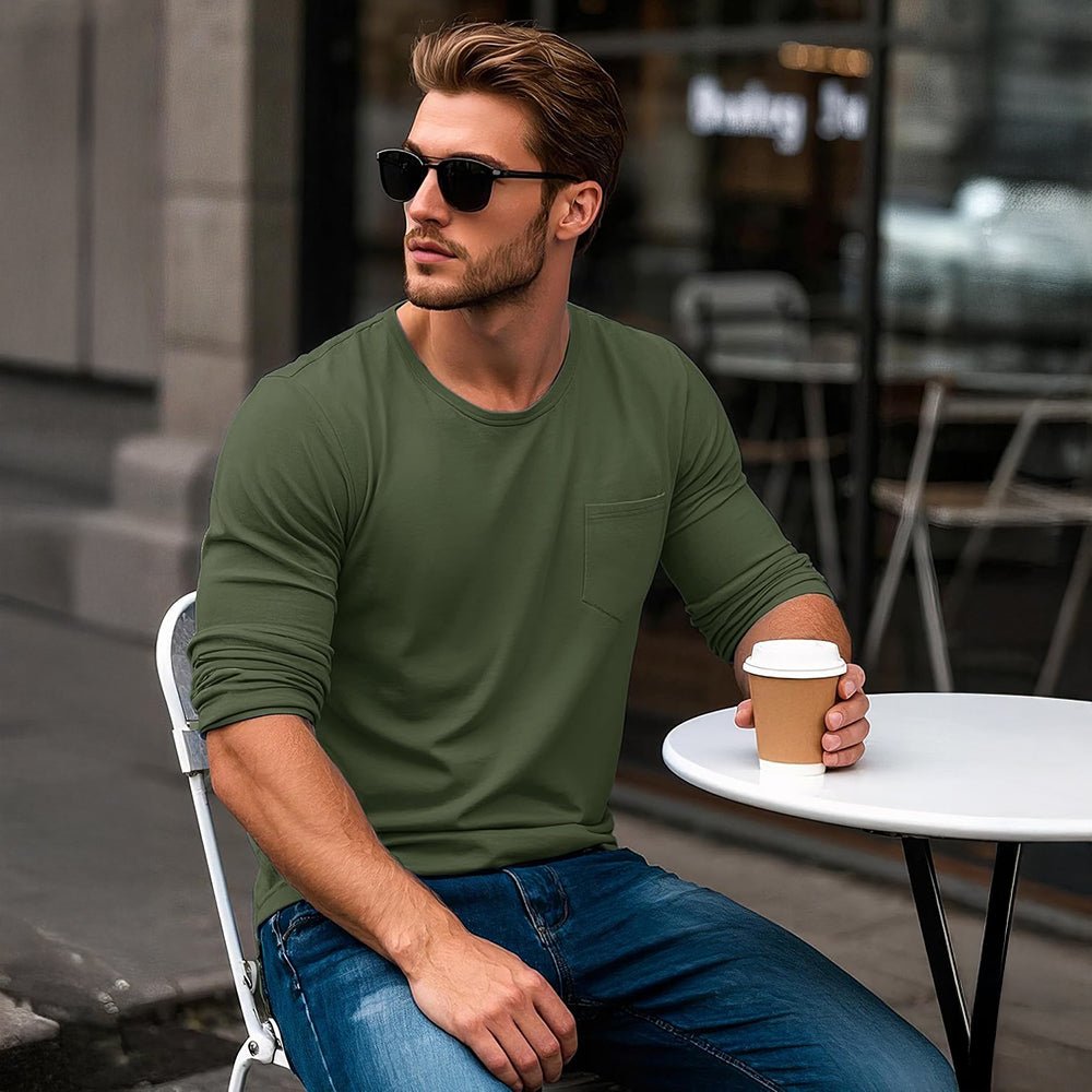 Army Green Men's Basic Long Sleeve Shirt Casual Lightweight T-Shirt - MAGCOMSEN