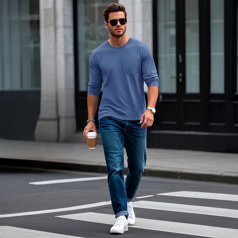 Grey Blue Men's Basic Long Sleeve Shirt Casual Lightweight T-Shirt - MAGCOMSEN