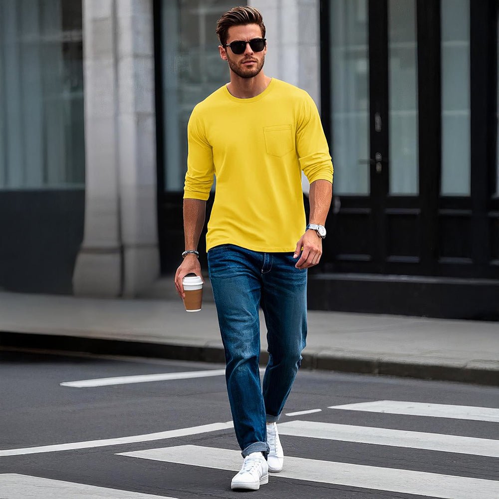 Yellow Men's Basic Long Sleeve Shirt Casual Lightweight T-Shirt - MAGCOMSEN