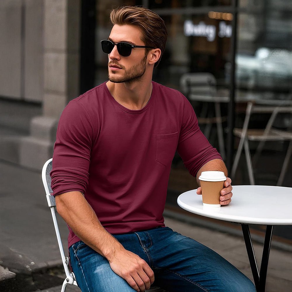 Wine Men's Basic Long Sleeve Shirt Casual Lightweight T-Shirt - MAGCOMSEN