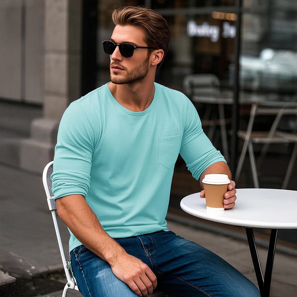 Lake Blue Men's Basic Long Sleeve Shirt Casual Lightweight T-Shirt - MAGCOMSEN
