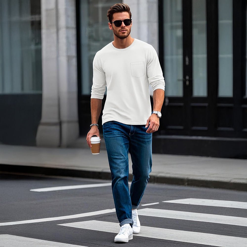 White Men's Basic Long Sleeve Shirt Casual Lightweight T-Shirt - MAGCOMSEN