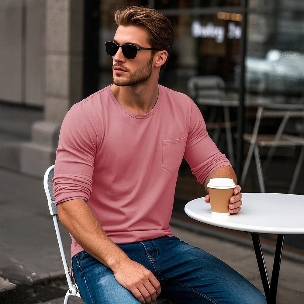 Grey Pink Men's Basic Long Sleeve Shirt Casual Lightweight T-Shirt - MAGCOMSEN