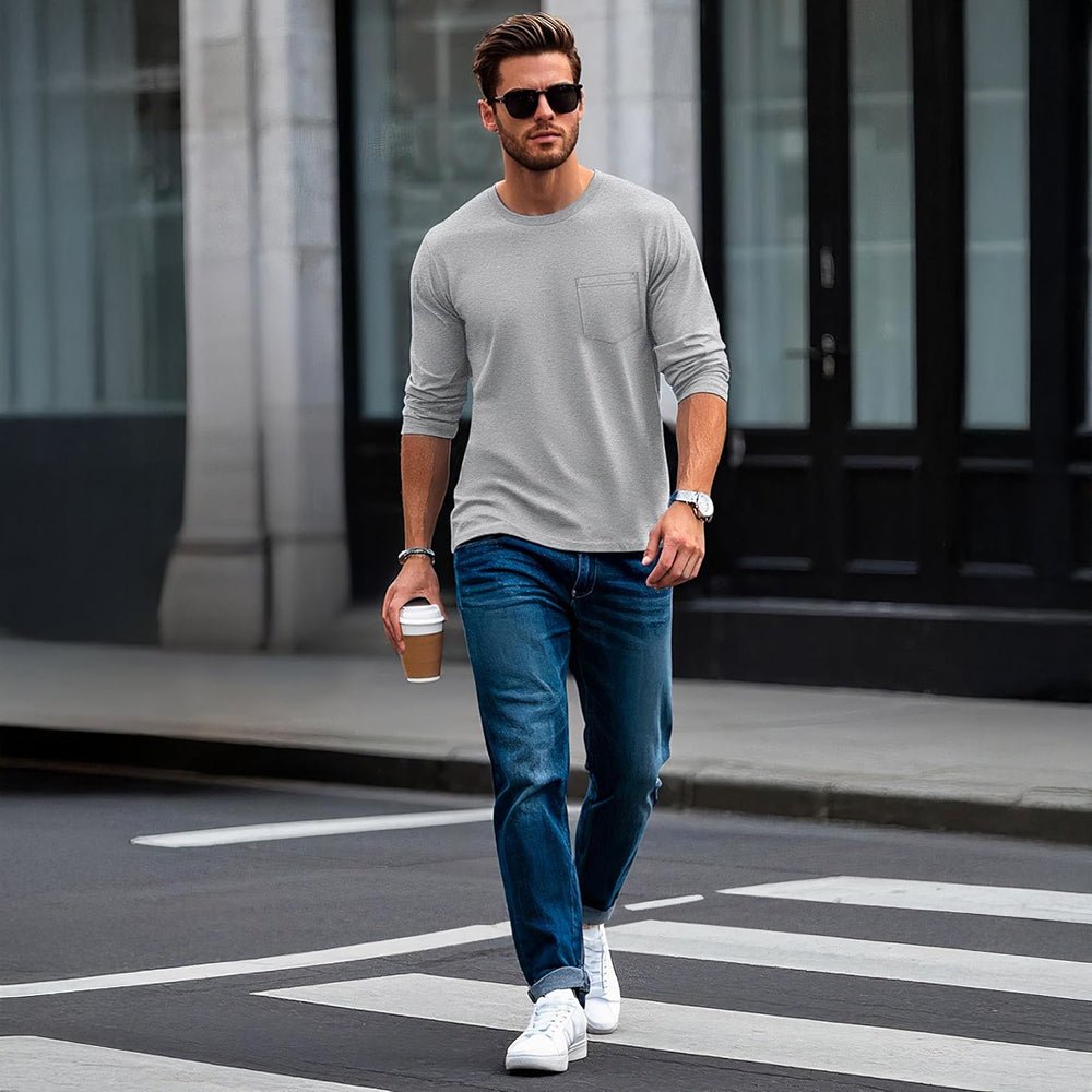 Light Grey Men's Basic Long Sleeve Shirt Casual Lightweight T-Shirt - MAGCOMSEN