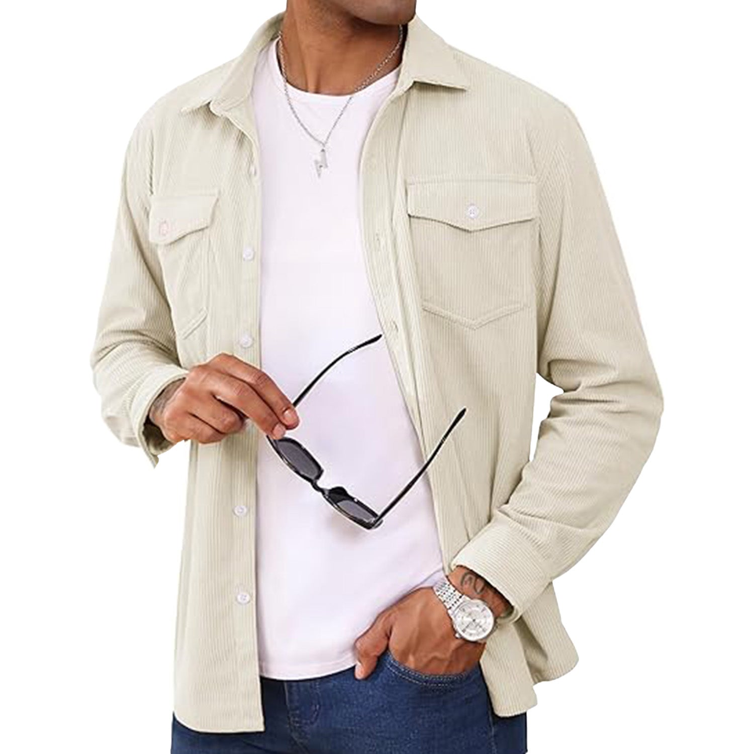 Men's Long Sleeve Corduroy Sun Protection Shirt - MAGCOMSEN