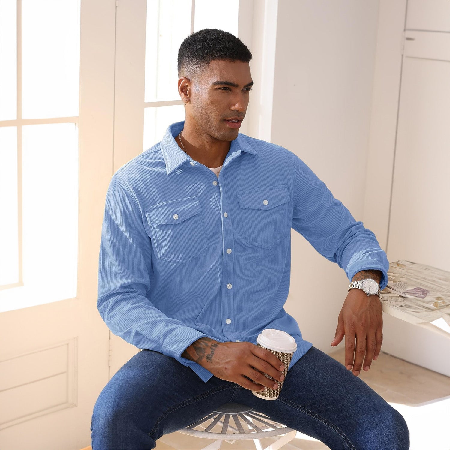 Men's Long Sleeve Corduroy Sun Protection Shirt - MAGCOMSEN