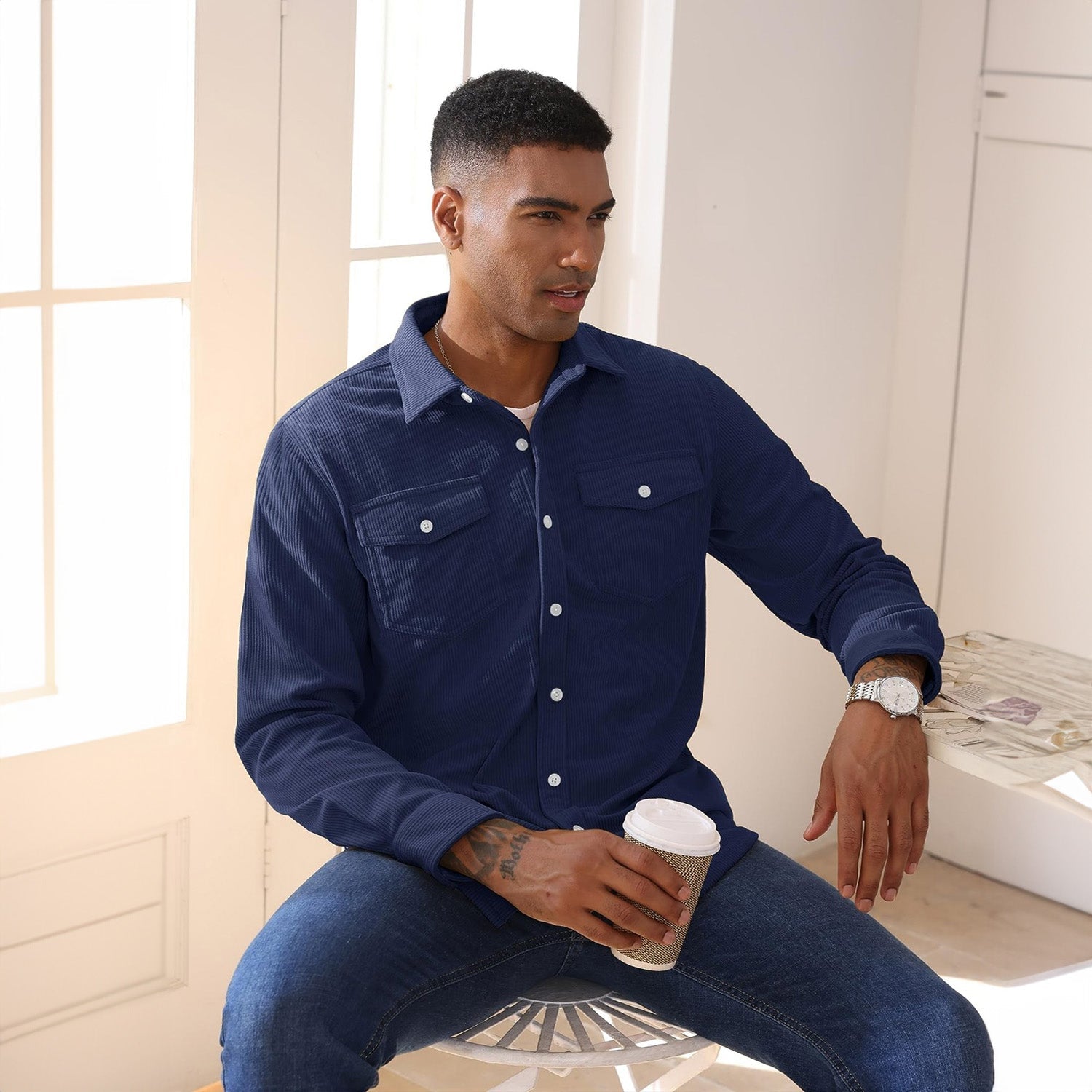 Men's Long Sleeve Corduroy Sun Protection Shirt - MAGCOMSEN