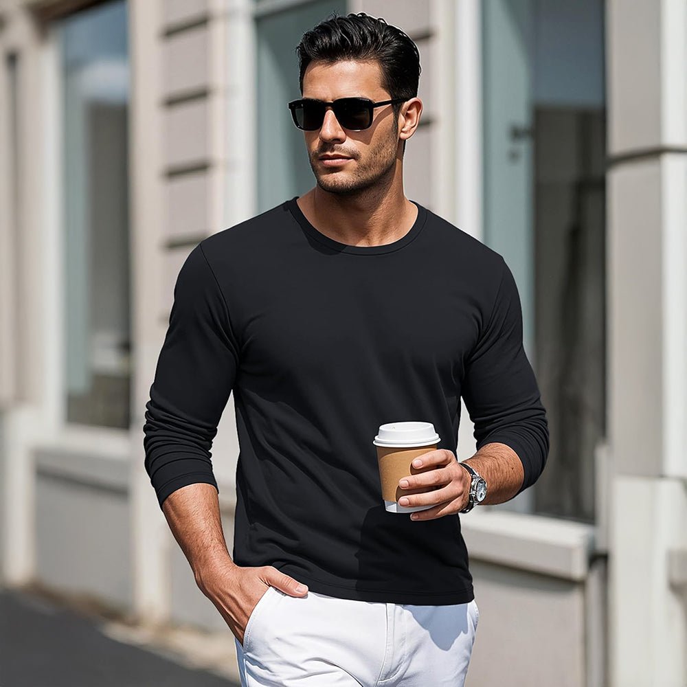 Black Men's Crew Neck Long Sleeve Shirt Quick Dry Sports Shirt - MAGCOMSEN