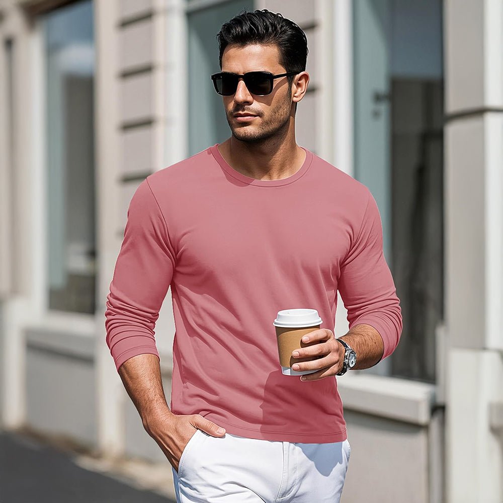 Grey Pink Men's Crew Neck Long Sleeve Shirt Quick Dry Sports Shirt - MAGCOMSEN