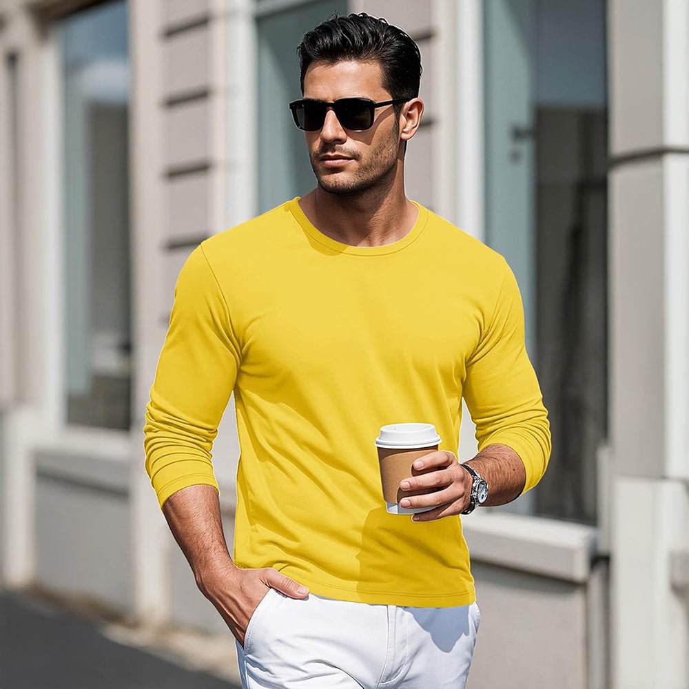Yellow Men's Crew Neck Long Sleeve Shirt Quick Dry Sports Shirt - MAGCOMSEN