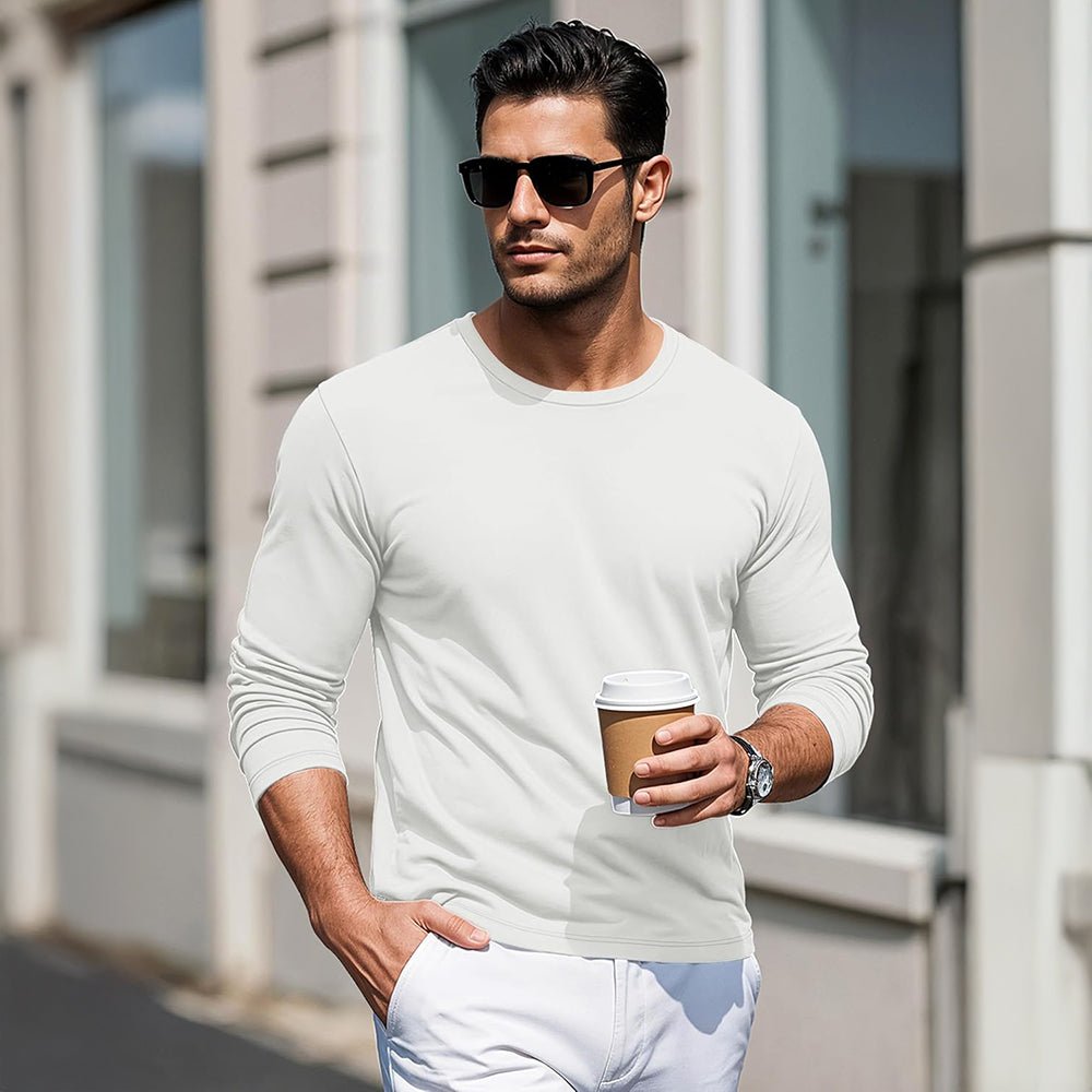 White Men's Crew Neck Long Sleeve Shirt Quick Dry Sports Shirt - MAGCOMSEN