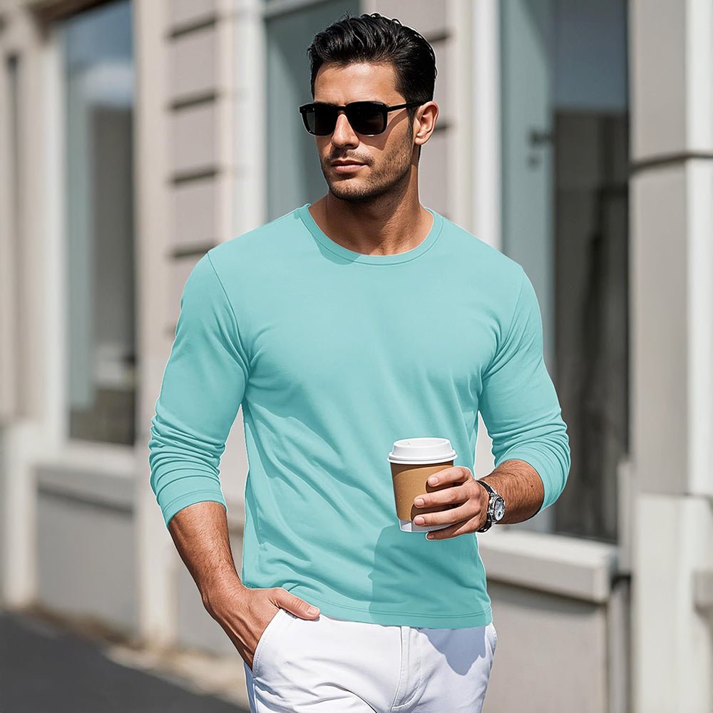 Lake Blue Men's Crew Neck Long Sleeve Shirt Quick Dry Sports Shirt - MAGCOMSEN