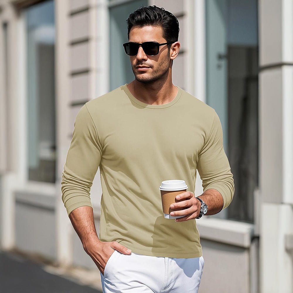 Khaki Men's Crew Neck Long Sleeve Shirt Quick Dry Sports Shirt - MAGCOMSEN