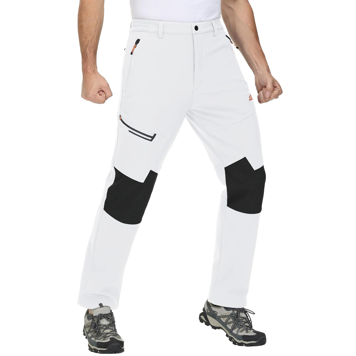 White Men's Fleece - Lined Ski Pants - Water - Resistant, 4 Zip Pockets - MAGCOMSEN