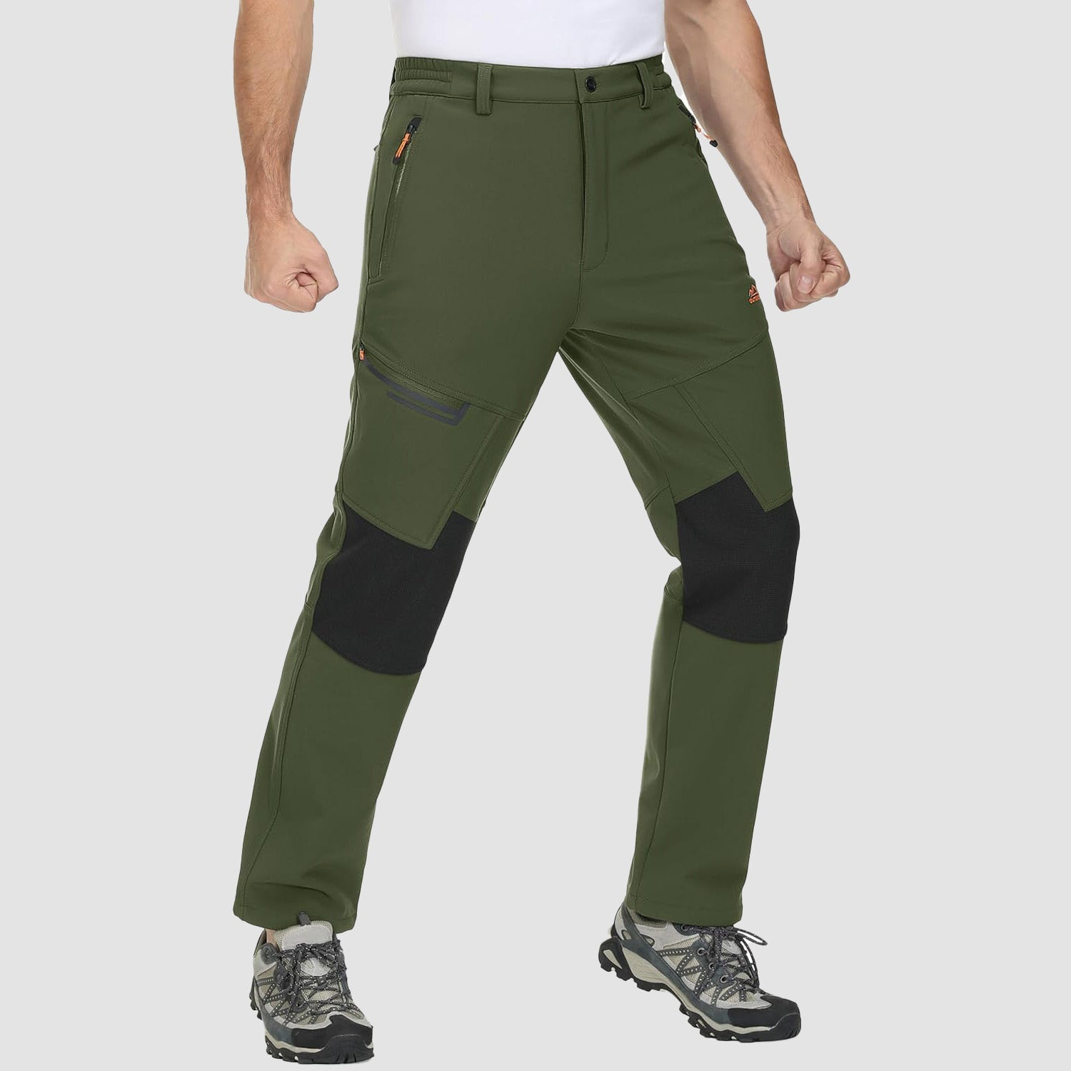 Army Green Men's Fleece - Lined Ski Pants - Water - Resistant, 4 Zip Pockets - MAGCOMSEN