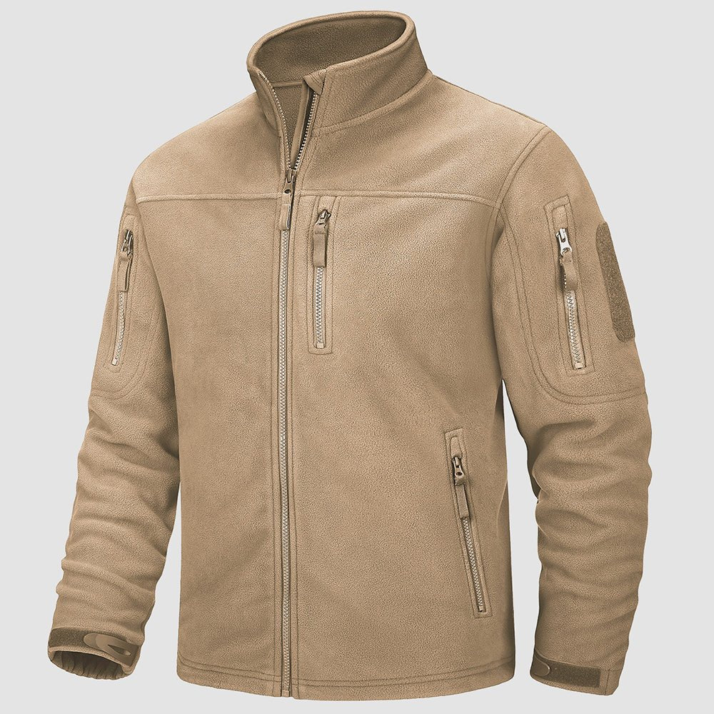 Khaki Men's Fleece Tactical Jacket Stand Collar Military Field Jackets - MAGCOMSEN