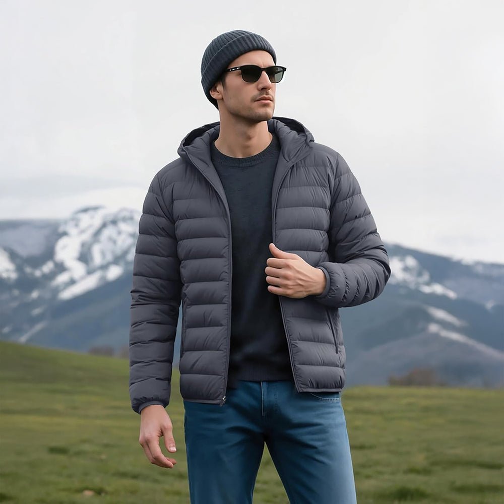 Dark Grey Men's Lightweight Hooded Puffer Jacket - Quilted Winter Coat - MAGCOMSEN