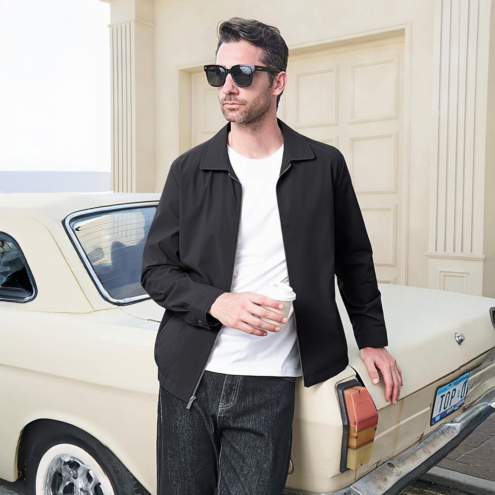 Black Men's Lightweight Jacket Casual Laydown Collar Jacket - MAGCOMSEN