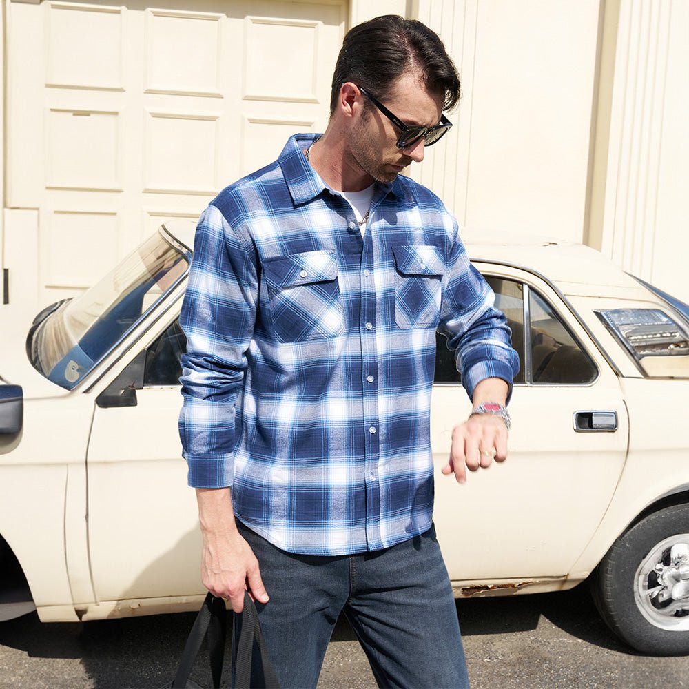 Blue White Men's Long Sleeve Cotton Plaid Flannel Shirt - MAGCOMSEN