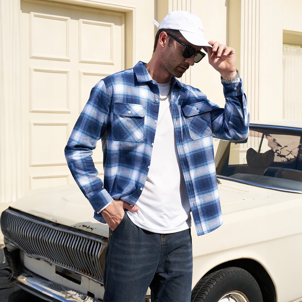 Blue White Men's Long Sleeve Cotton Plaid Flannel Shirt - MAGCOMSEN