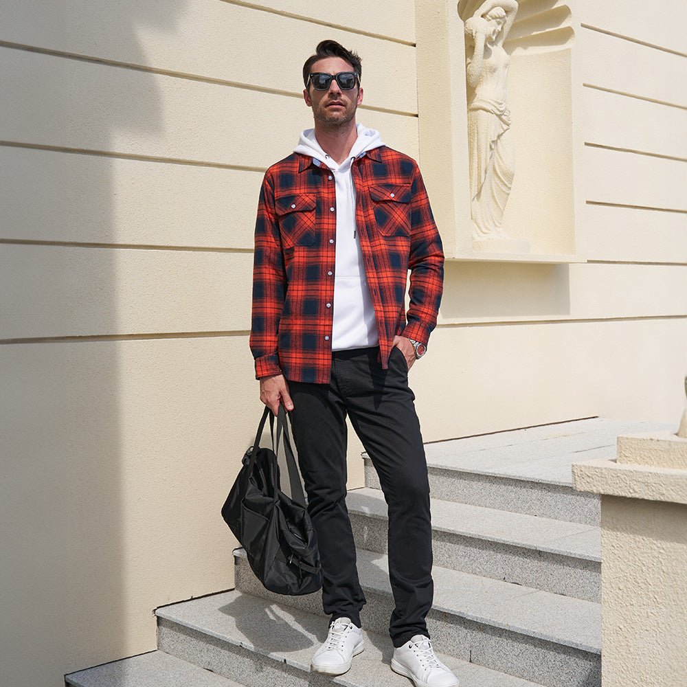 Orange Men's Long Sleeve Cotton Plaid Flannel Shirt - MAGCOMSEN