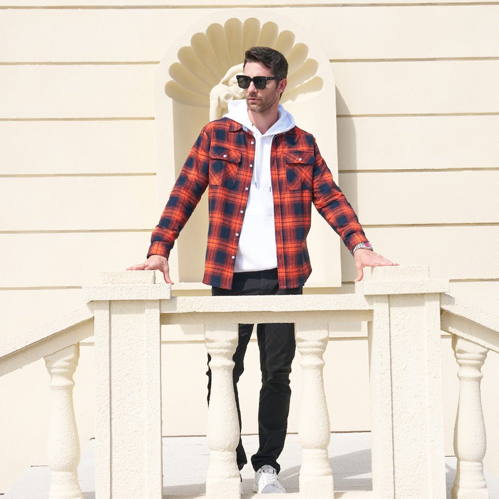 Orange Men's Long Sleeve Cotton Plaid Flannel Shirt - MAGCOMSEN