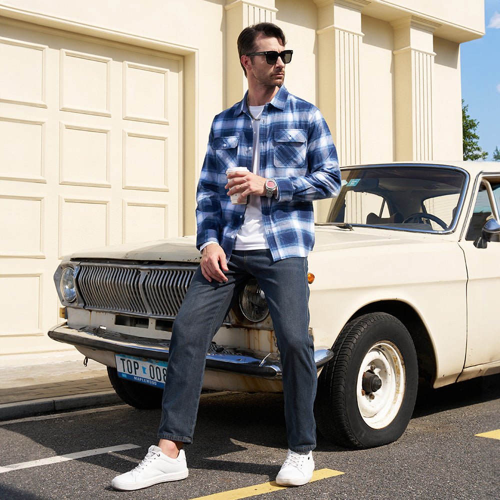 Blue White Men's Long Sleeve Cotton Plaid Flannel Shirt - MAGCOMSEN