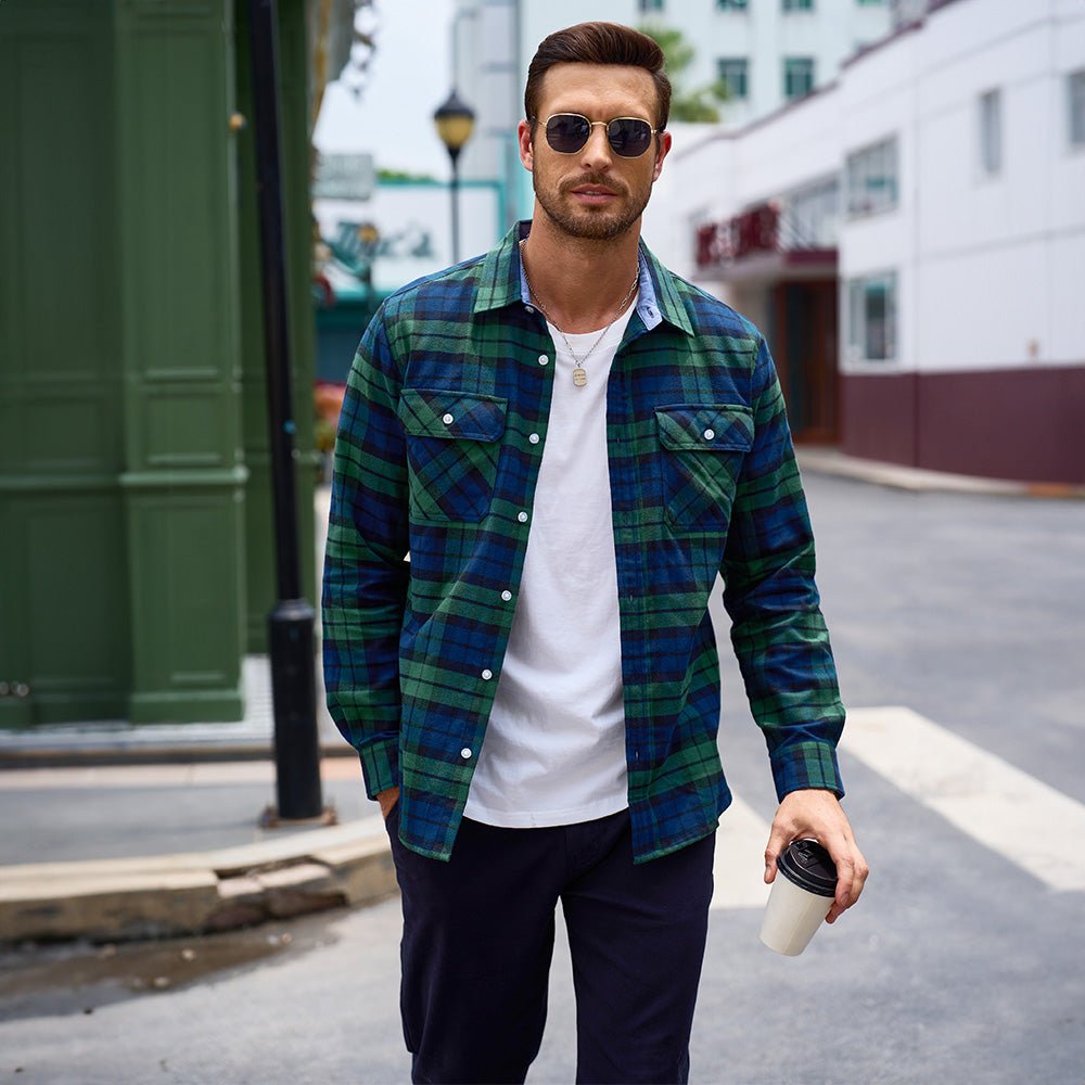Green Men's Long Sleeve Cotton Plaid Flannel Shirt - MAGCOMSEN
