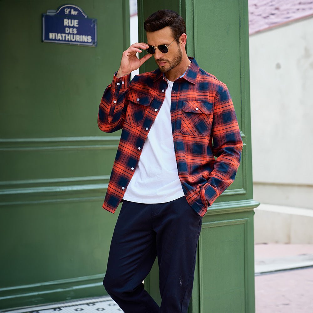 Orange Men's Long Sleeve Cotton Plaid Flannel Shirt - MAGCOMSEN