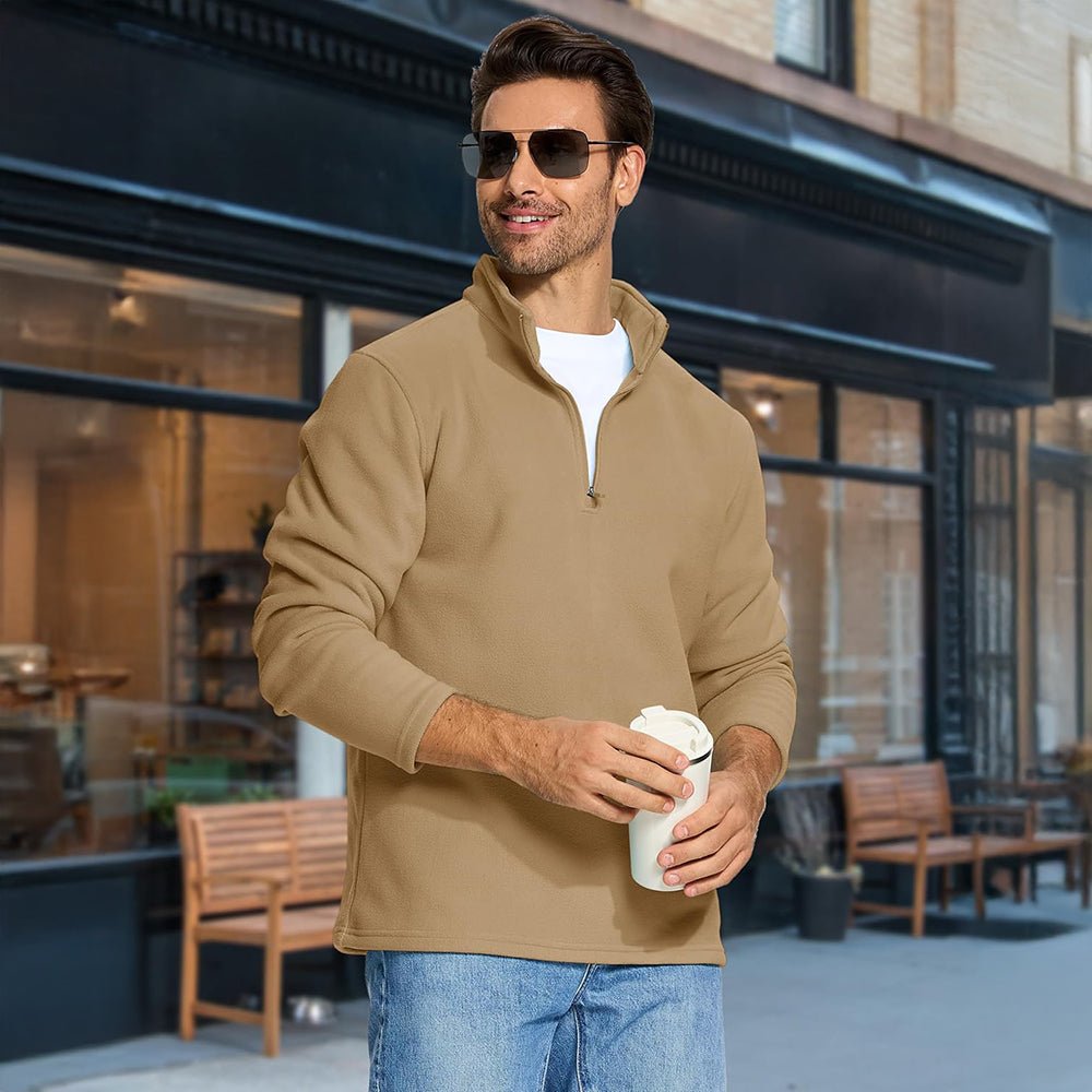 Khaki Men's Polar Fleece Pullover Quarter Zip Winter Sweatshirt - MAGCOMSEN