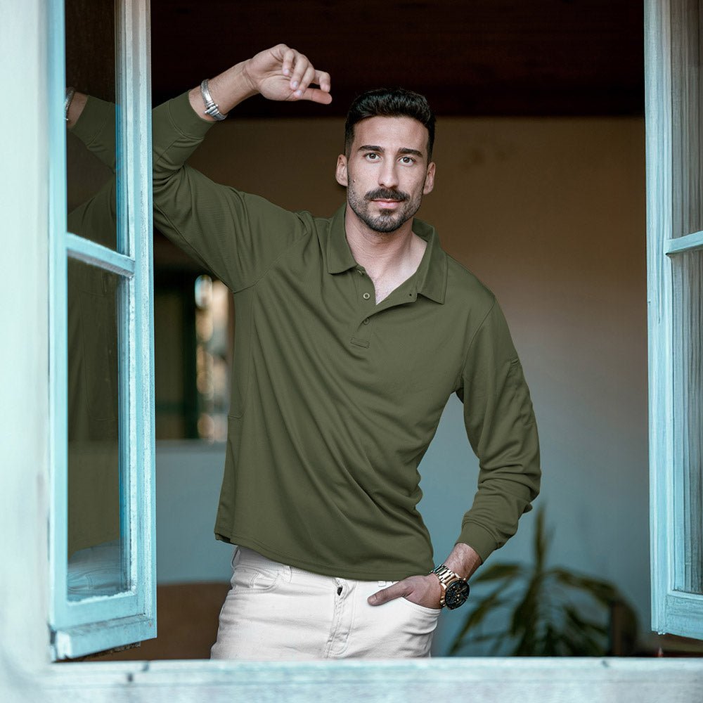 Men's Quick Dry Tactical Polo - Long Sleeve Performance Shirt Dark Grey by MAGCOMSEN #Color_Army Green