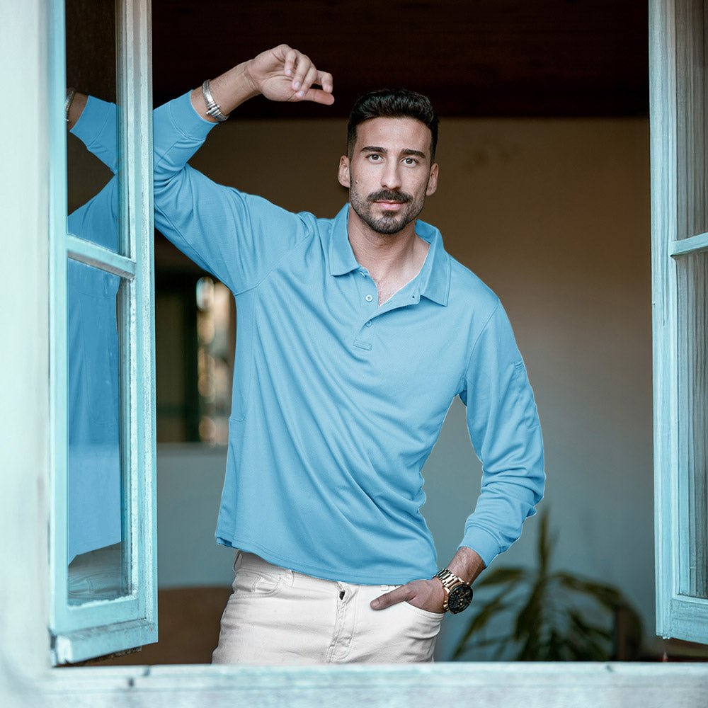 Men's Quick Dry Tactical Polo - Long Sleeve Performance Shirt Dark Grey by MAGCOMSEN #Color_Sky Blue