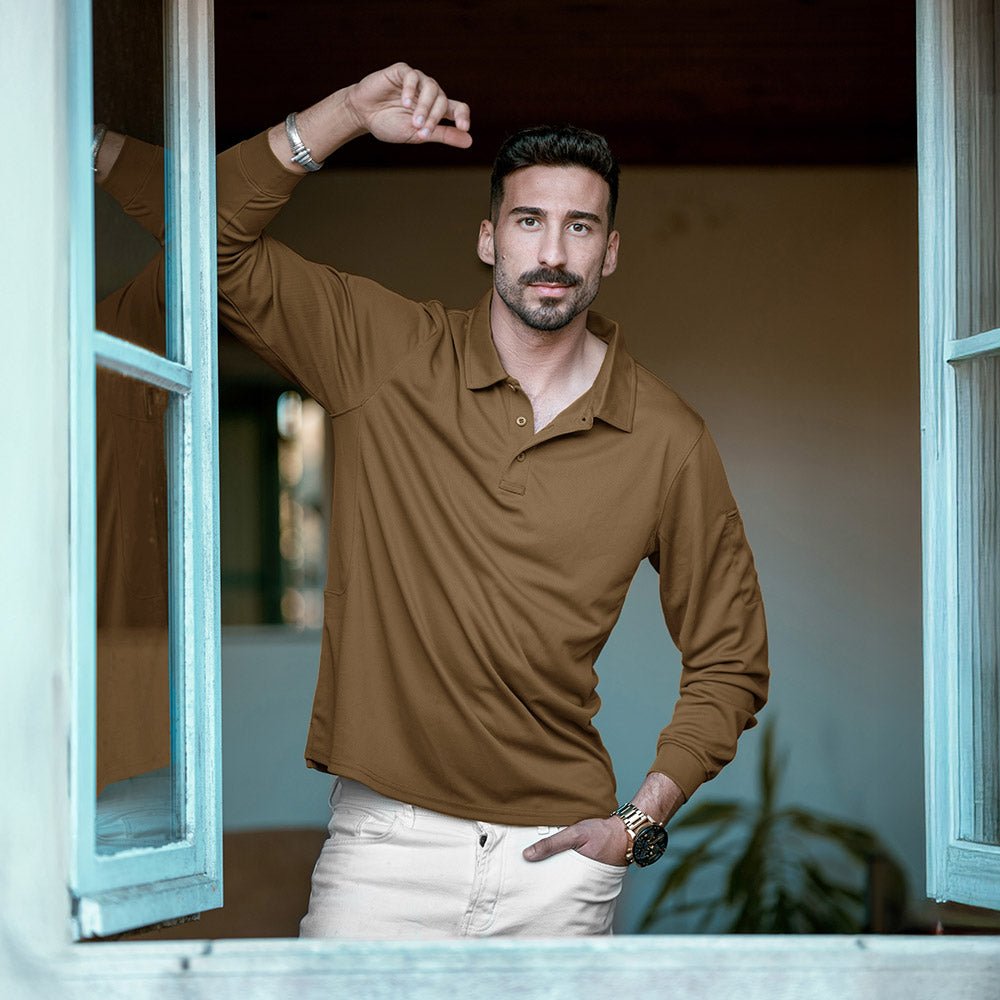 Men's Quick Dry Tactical Polo - Long Sleeve Performance Shirt Dark Grey by MAGCOMSEN #Color_Brown