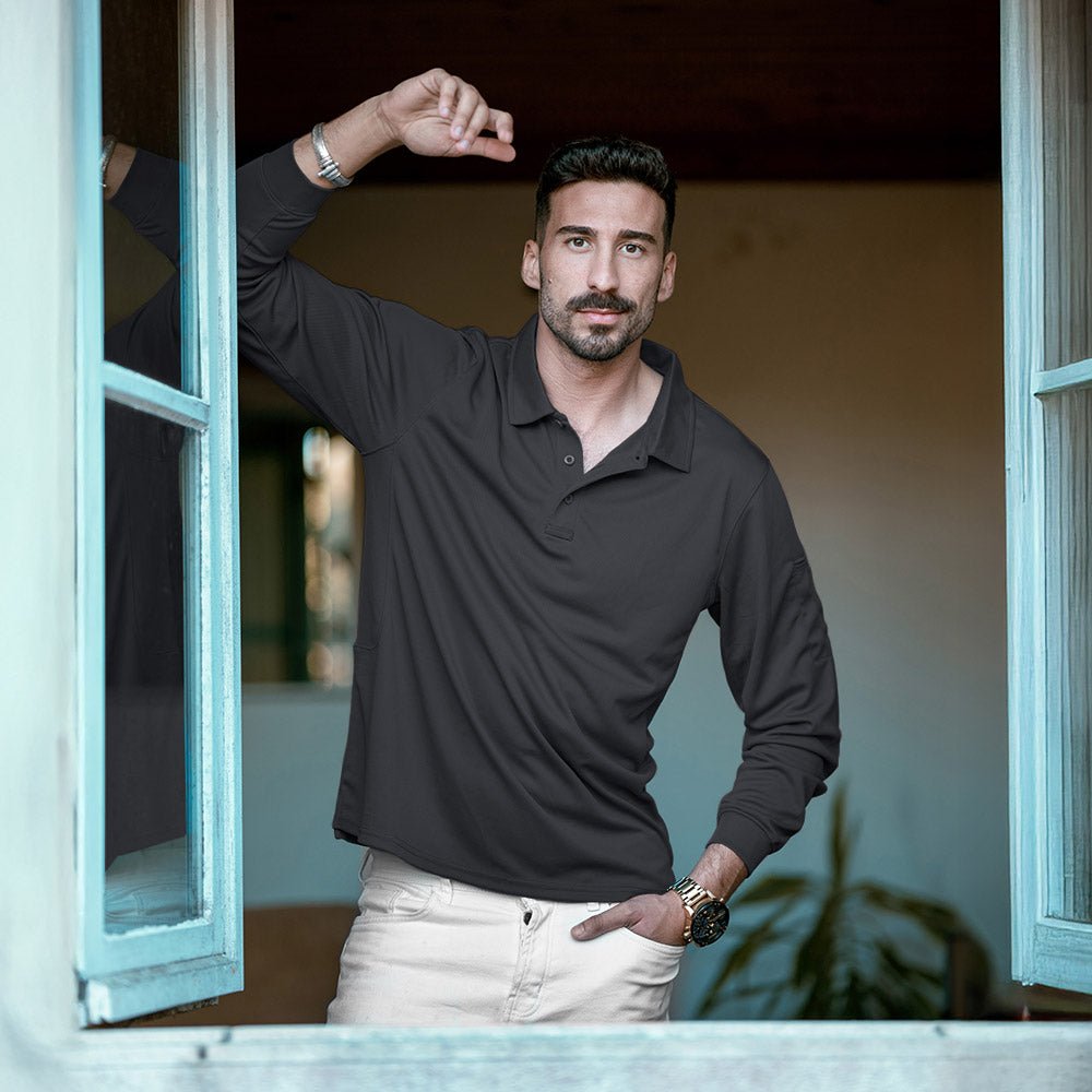 Men's Quick Dry Tactical Polo - Long Sleeve Performance Shirt Dark Grey by MAGCOMSEN #Color_Dark Grey