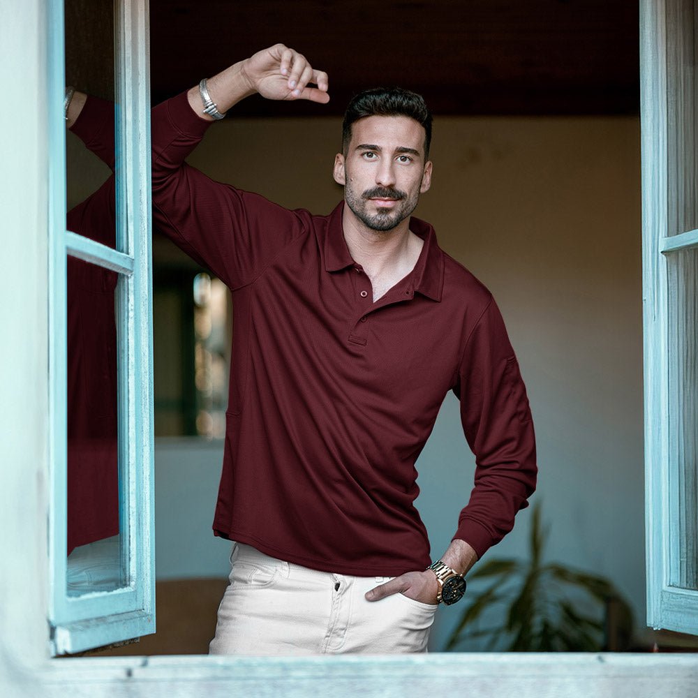 Men's Quick Dry Tactical Polo - Long Sleeve Performance Shirt Dark Grey by MAGCOMSEN #Color_Wine