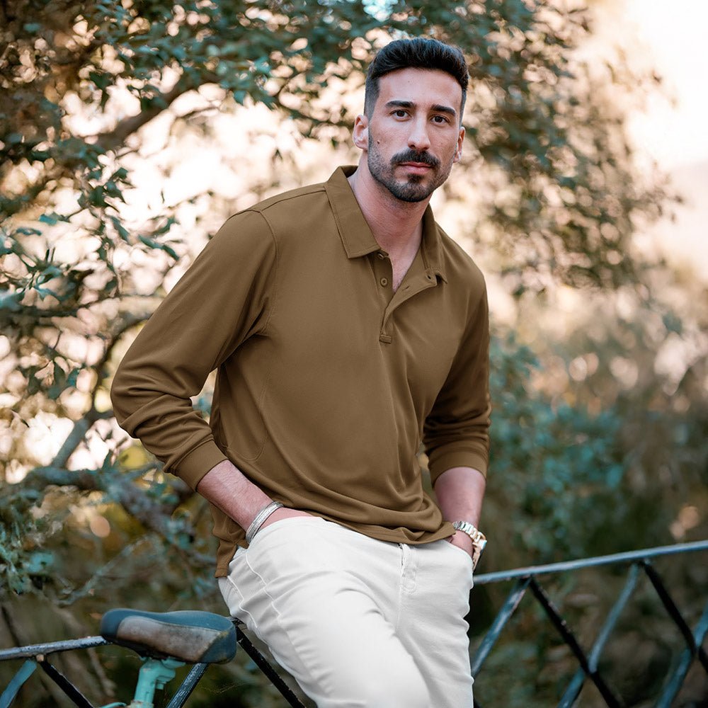 Men's Quick Dry Tactical Polo - Long Sleeve Performance Shirt Dark Grey by MAGCOMSEN #Color_Brown