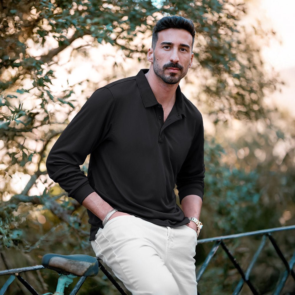 Men's Quick Dry Tactical Polo - Long Sleeve Performance Shirt Dark Grey by MAGCOMSEN #Color_Black