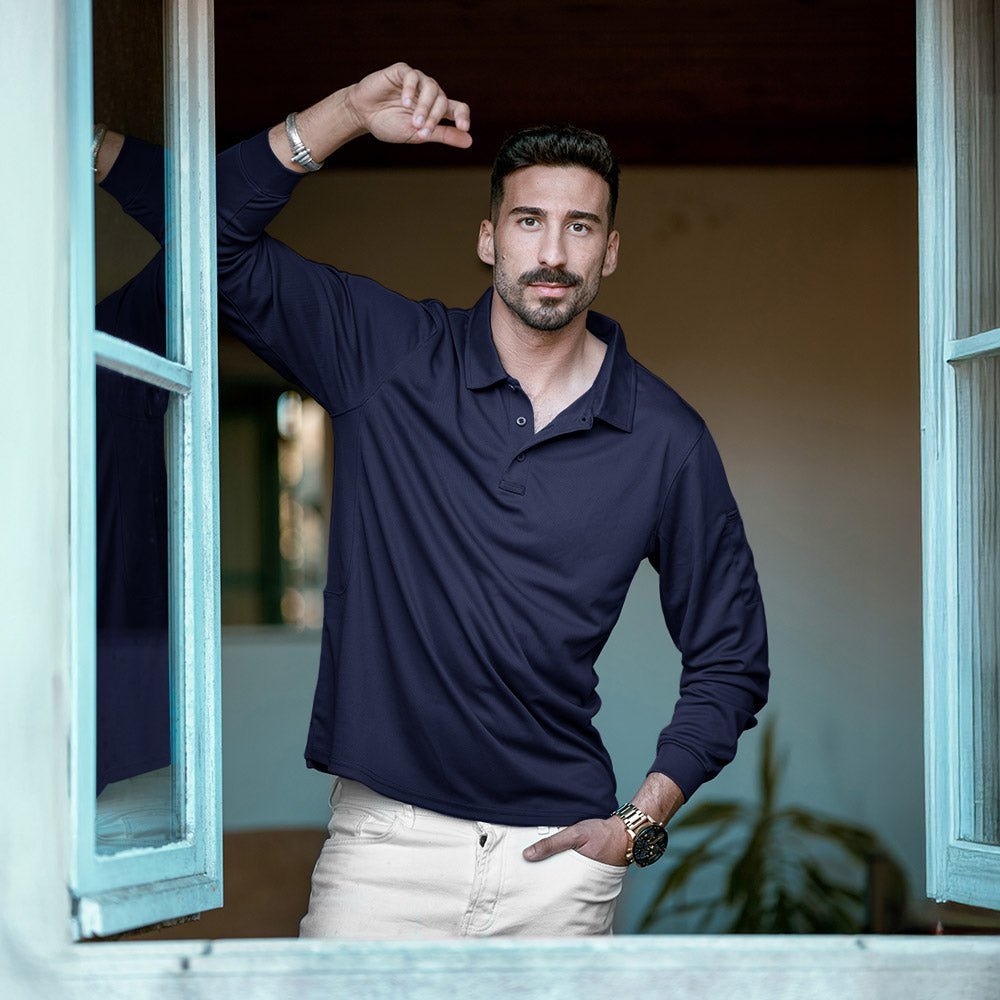 Men's Quick Dry Tactical Polo - Long Sleeve Performance Shirt Dark Grey by MAGCOMSEN #Color_Black