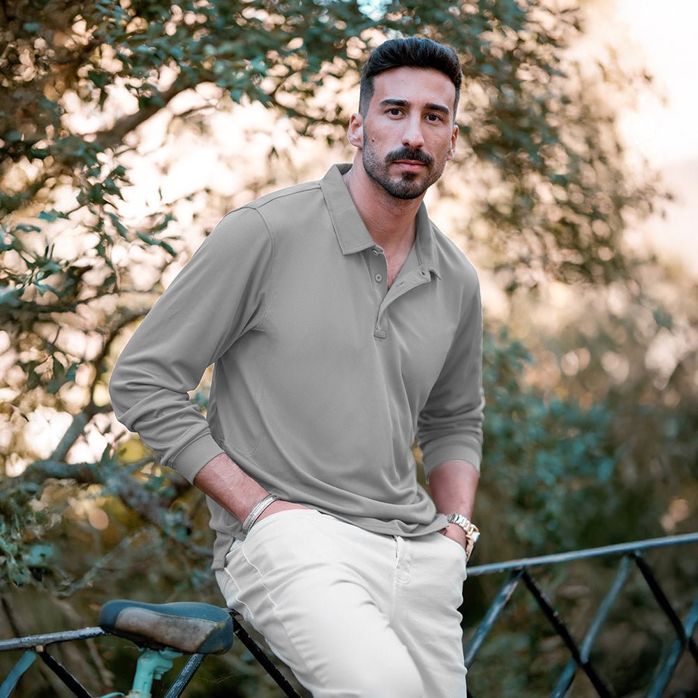 Men's Quick Dry Tactical Polo - Long Sleeve Performance Shirt Dark Grey by MAGCOMSEN #Color_Light Grey