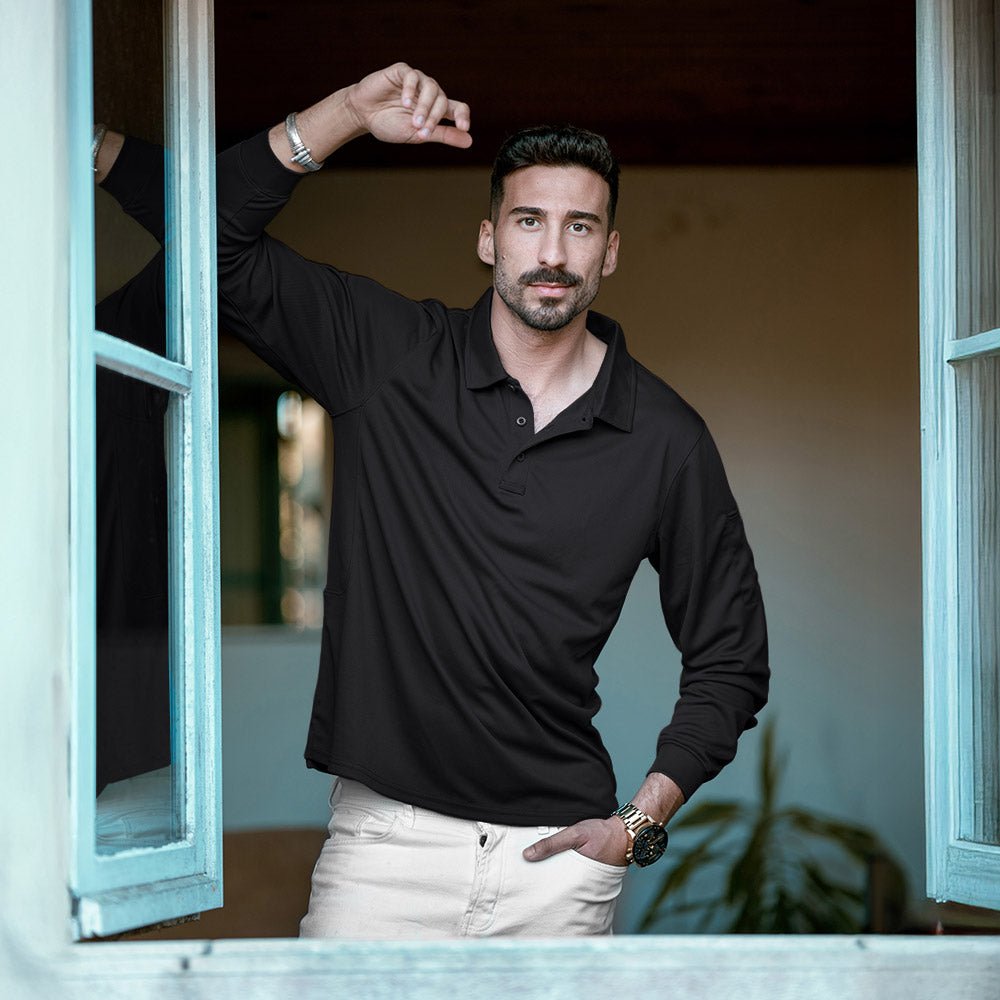 Men's Quick Dry Tactical Polo - Long Sleeve Performance Shirt Dark Grey by MAGCOMSEN #Color_Dark Grey