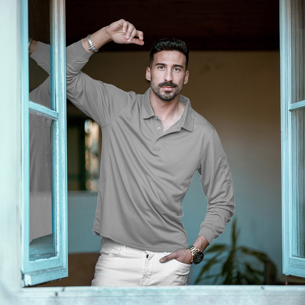 Men's Quick Dry Tactical Polo - Long Sleeve Performance Shirt Dark Grey by MAGCOMSEN #Color_Light Grey