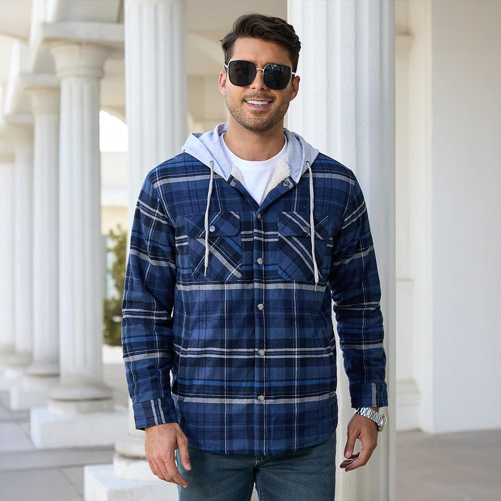 Navy Grey Men’s Sherpa - Lined Flannel Hoodies – Plaid Winter Jackets - MAGCOMSEN