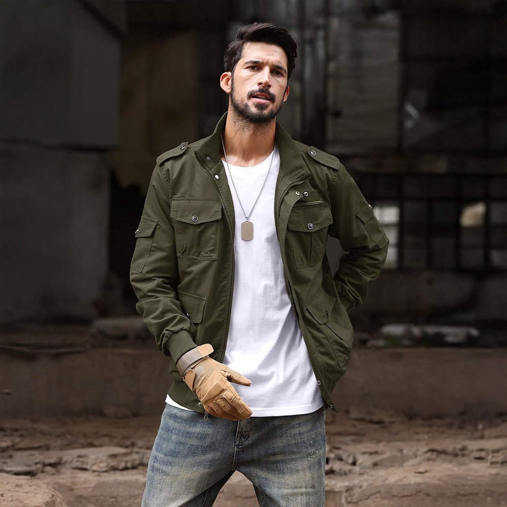 Army Green Men's Tactical Cargo Jackets Stand Collar Cotton Casual Jacket - MAGCOMSEN