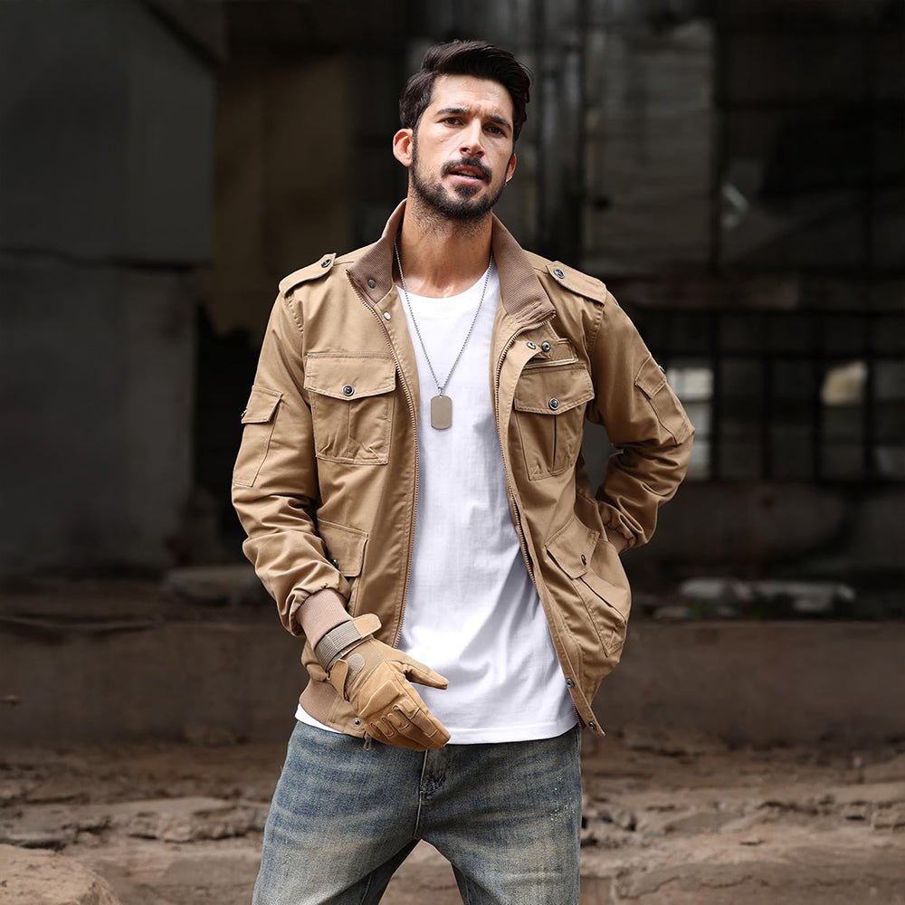 Khaki Men's Tactical Cargo Jackets Stand Collar Cotton Casual Jacket - MAGCOMSEN