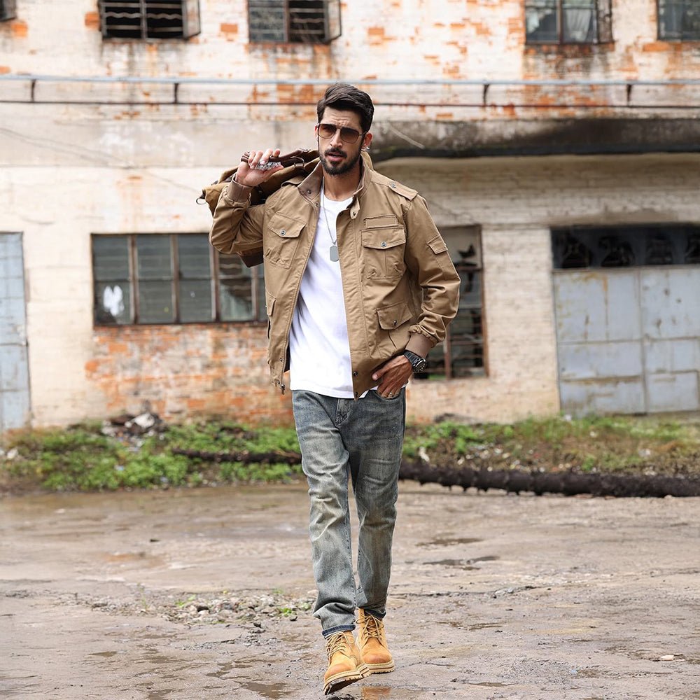 Khaki Men's Tactical Cargo Jackets Stand Collar Cotton Casual Jacket - MAGCOMSEN