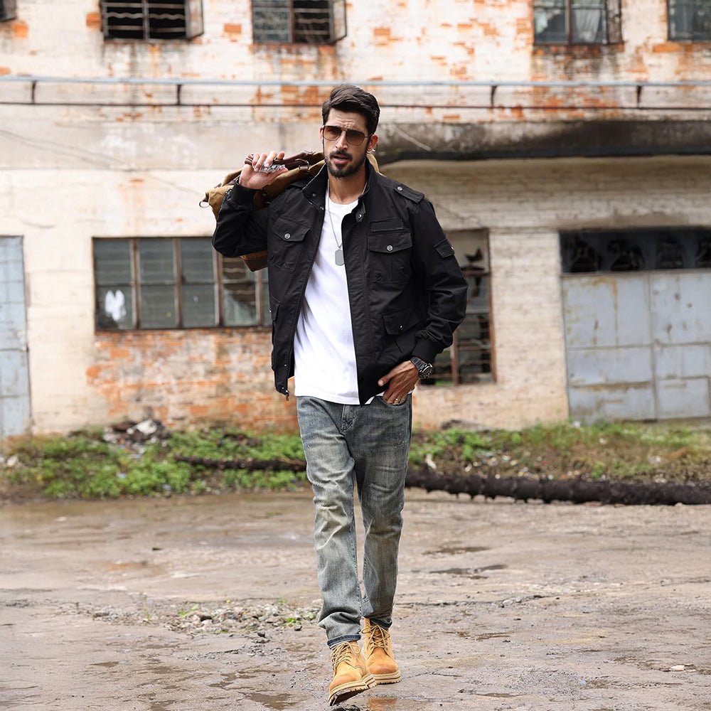 Black Men's Tactical Cargo Jackets Stand Collar Cotton Casual Jacket - MAGCOMSEN