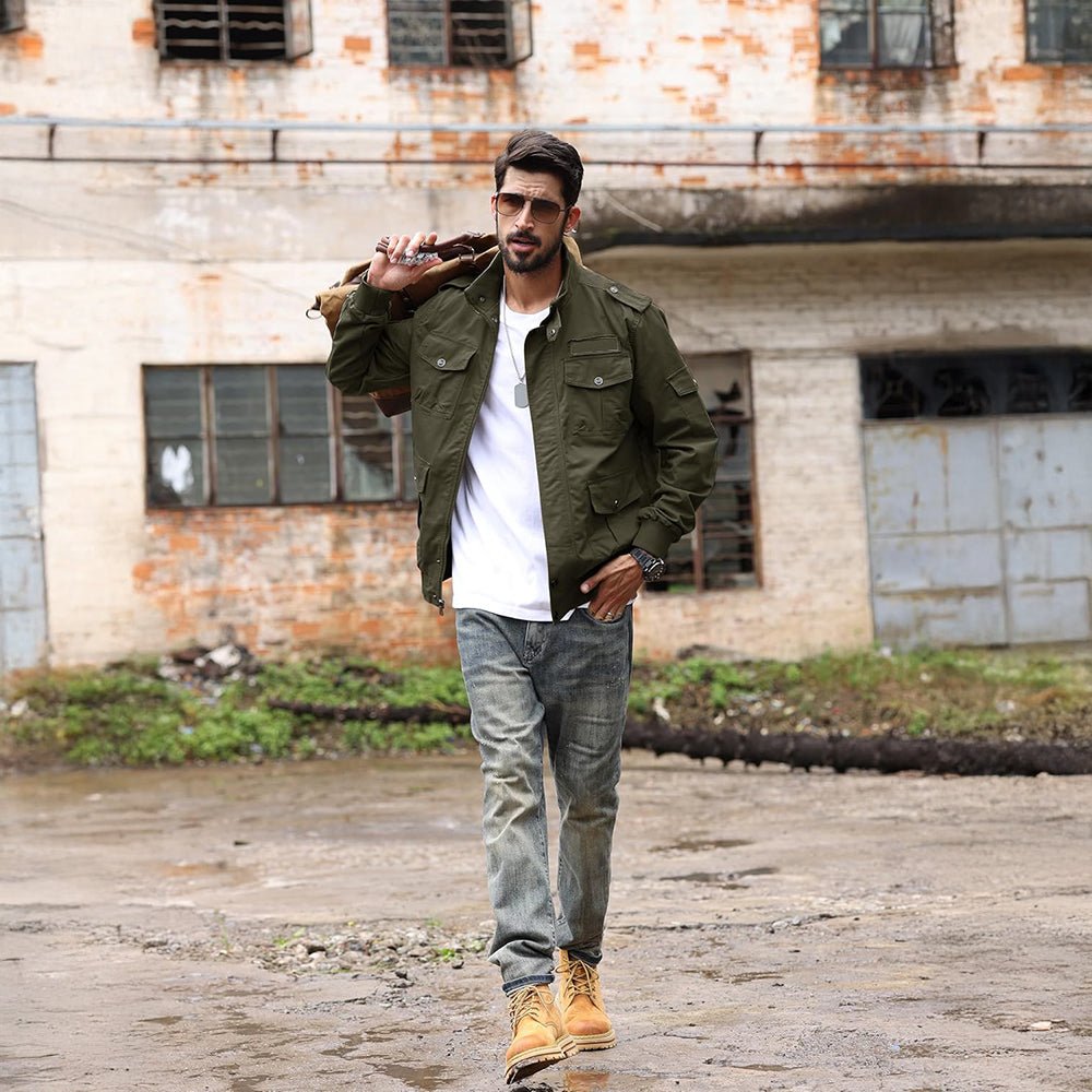 Army Green Men's Tactical Cargo Jackets Stand Collar Cotton Casual Jacket - MAGCOMSEN